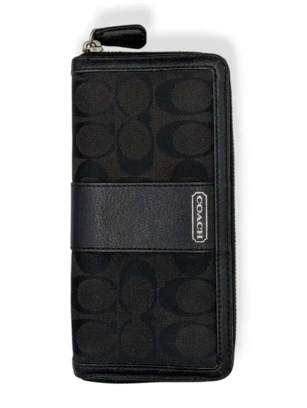 Coach Signature Wallet Black Jacquard C Logo Canvas Leather Zip Around Organizer